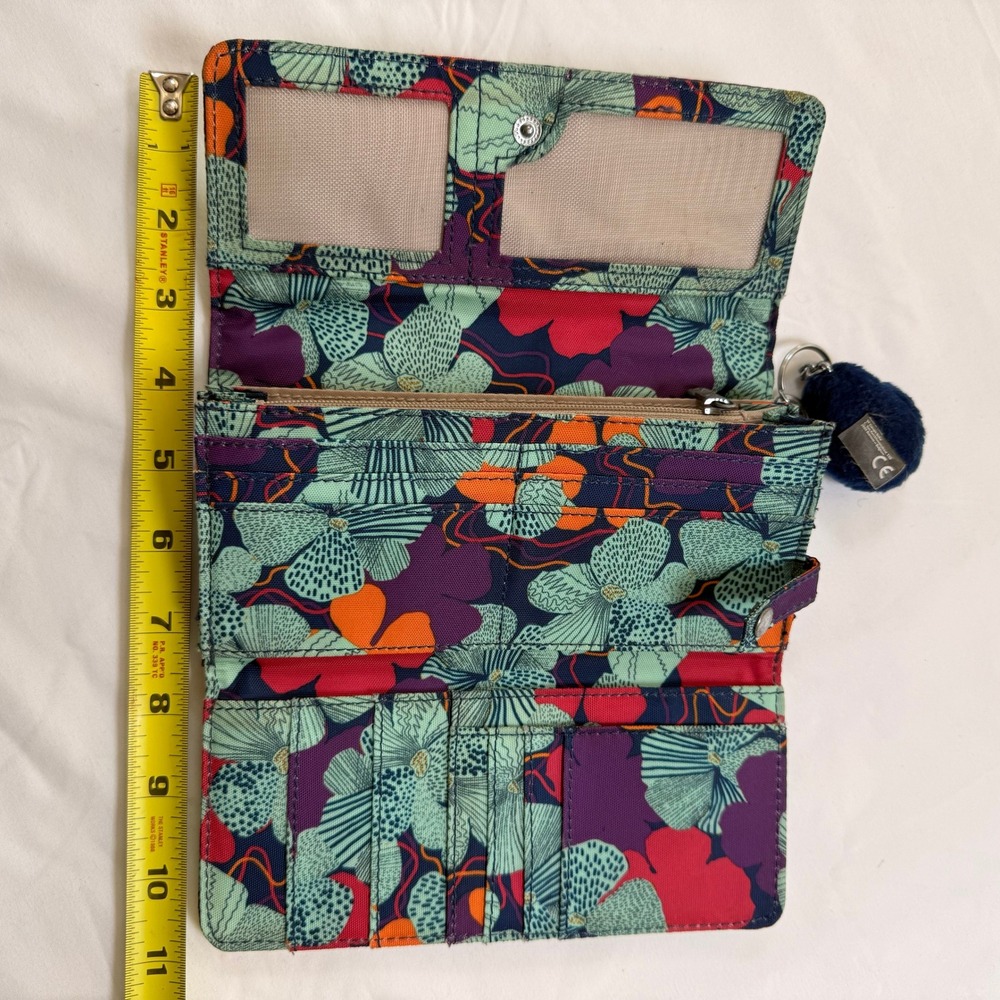 Kipling Floral Nylon Trifold Wallet Red Green Purple with Monkey Keychain - Picture 7 of 11